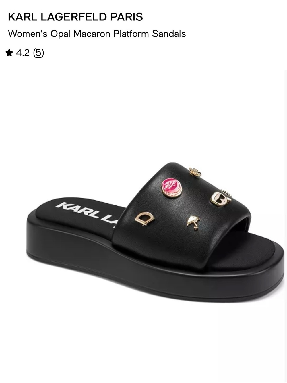 Karl Lagerfeld Black Platform Slide Sandals with Gold Hardware and Pink Detail
